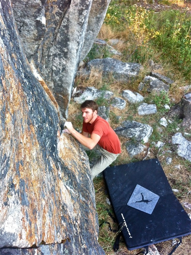Simon is stoked on the Friday night bouldering jam.