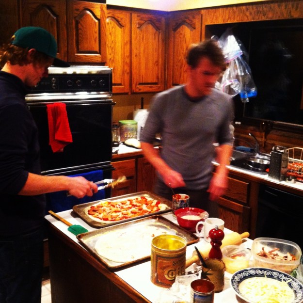 Part 2- home-made pizza factory. Simon and Paul get after it.