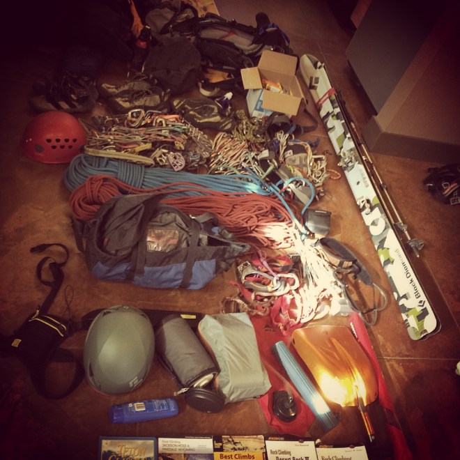 backcountry ski gear, trad climbing, climbing gear, shovel beacon probe, 