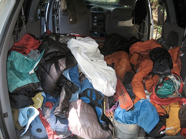 dirtbag van, messy climbing gear